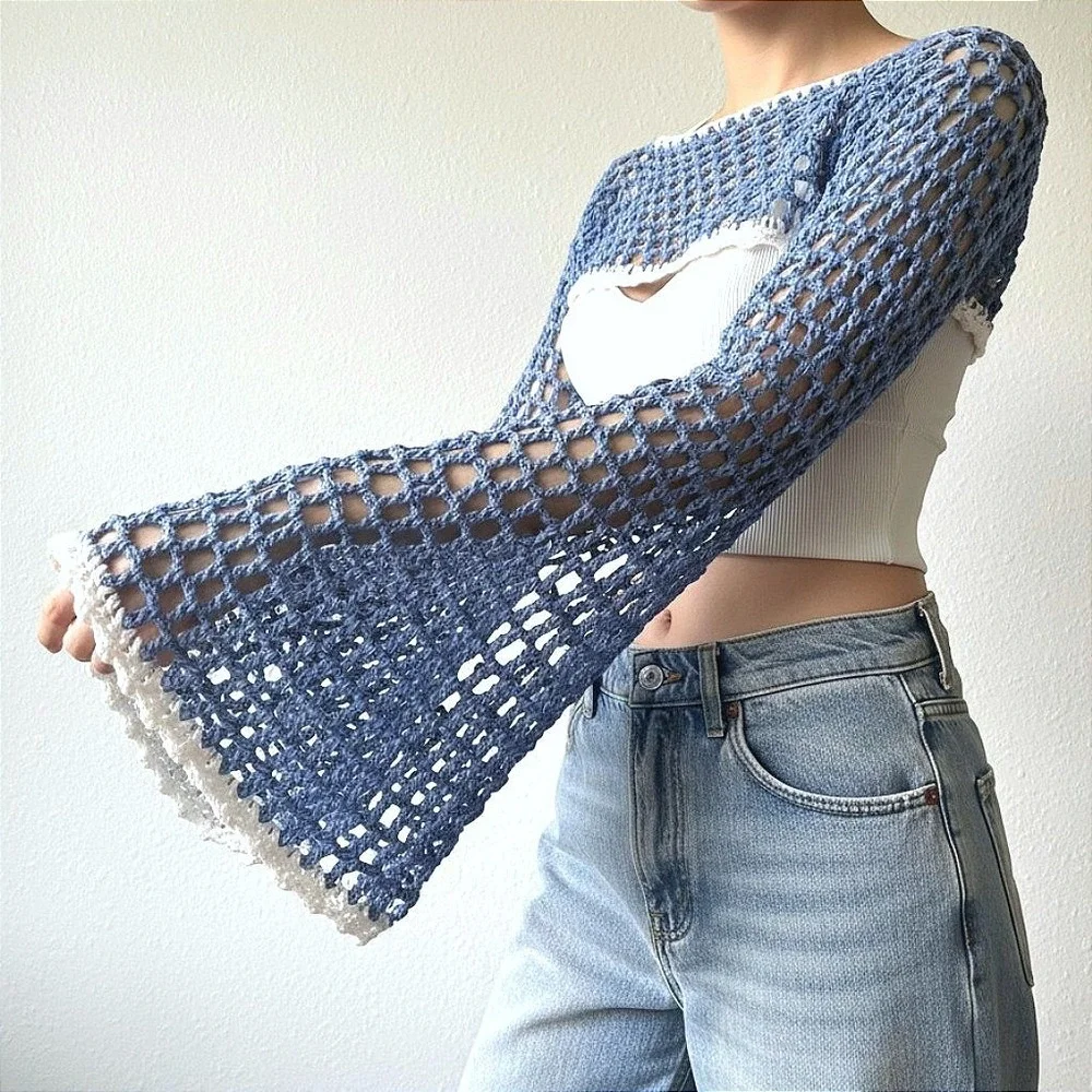 Handmade‎ Crochet Fairycore Shrug | Women | Blue | SM-MED | Boho | Bell Sleeve